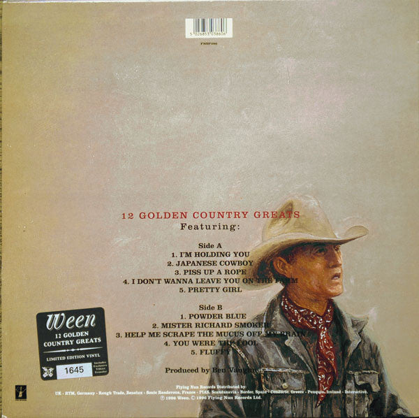 Image of Back Cover of 2424225E: LP - WEEN, 12 Golden Country Greats (Flying Nun; FNSP386, UK 1996, Inner, T-Shirt Transfer, Stickered Sleeve, Numbered Limited Edition) Limited Edition No 0214, Fading To Top Seam And Spine  VG/VG+