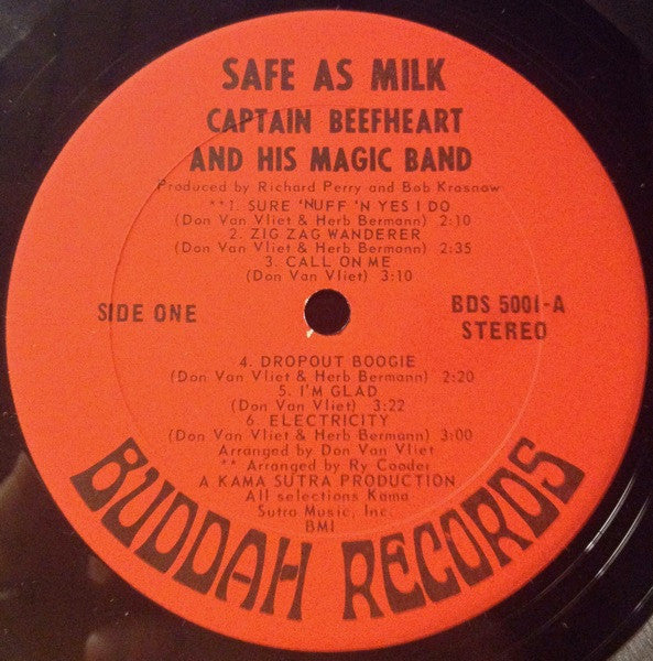 Image of Label Cover of 5024348E: LP - CAPTAIN BEEFHEART, Safe as Milk (Buddah; BDS5001, US 1967, Inner, No Sticker, Original USA Stereo issue) A few very light hairlines only. Great copy. Sleeve has split seams on top and bottom and a little discolouration.  VG/VG