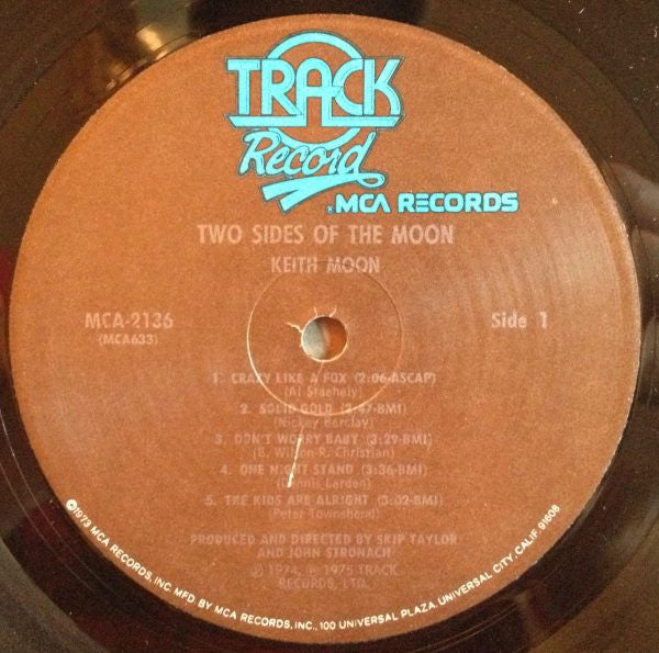 Image of Label Cover of LP - VG/VG+ - KEITH MOON, Two Sides of the Moon (Polydor; MCA2136, US 1975, Die Cut Sleeve, Inner), Damage To Die Cut Which Has Been Repaired With Tape,  - 3826162E