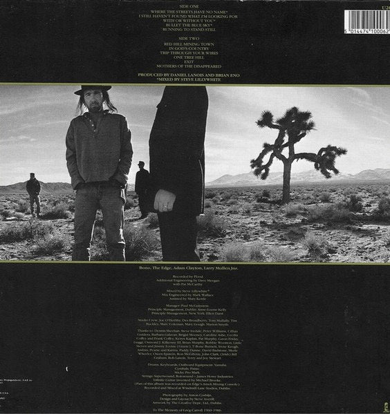 Image of Back Cover of 4714137C: LP - U2, The Joshua Tree (Island Records; U26, UK 1987, Gatefold, Black Inner & Insert, EMI Pressing. 8 Lines Of Thank You Text On Rear Of Sleeve)   VG/VG