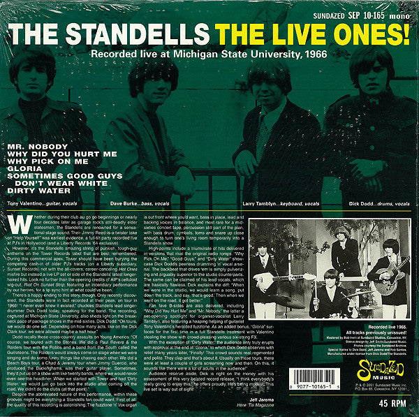 Image of Back Cover of 10" LP - EX/EX - THE STANDELLS, The Live Ones! (Sundazed; SEP10-165, US 2001, Picture Sleeve), Opened Instore, Still In Shrinkwrap,  - 3626221E
