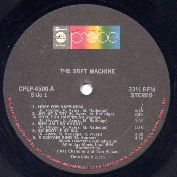 Image of Label Cover of LP - G/G+ - THE SOFT MACHINE, Soft Machine (Probe; CPLP4500, US 1968, Uncensored Gatefold Die Cut Sleeve With Circular Rotating Cog), No wheel, Entire wheel has been removed revealing plain card beaneath, Split at right side of die cut, Rest of sleeve intact, Vinyl is a bit fogged, A couple of light marks, Decent playing copy. ,  - 1316558C