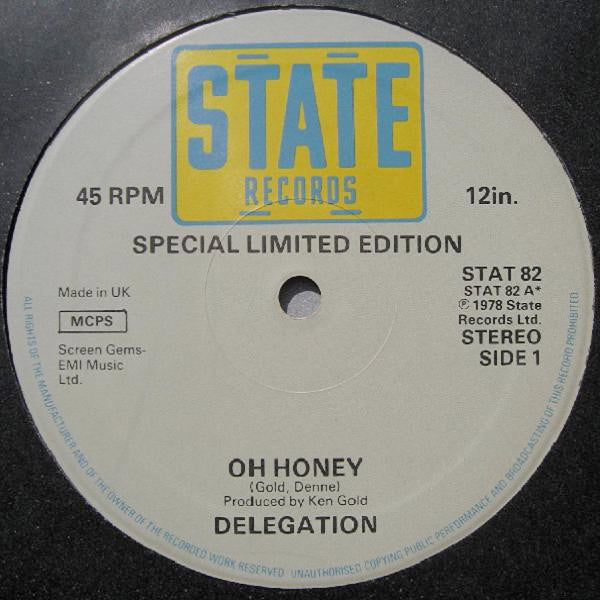 Image of Front Cover of 12" - /VG+ - DELEGATION, Oh Honey / Love Is Like A Fire (State; STAT 82, UK 1978), ,  - 3726116E