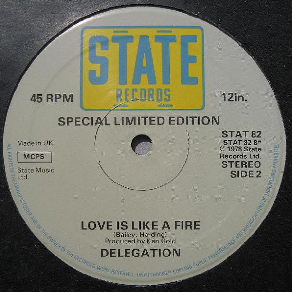 Image of Label Cover of 12" - /VG+ - DELEGATION, Oh Honey / Love Is Like A Fire (State; STAT 82, UK 1978), ,  - 3726116E