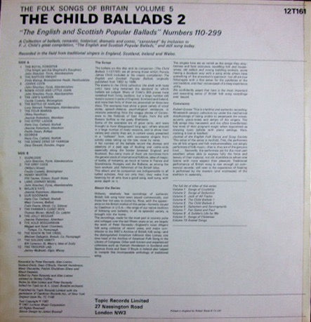 Image of Back Cover of 2314744C: LP - VARIOUS, The Folk Songs Of Britain Volume 5: The Child Ballads 2 (Topic Blue Label; 12T161, UK 1969 Reissue, Laminated Front Sleeve, Booklet, Mono. 33  Top Of Label) Track times written in booklet.  VG/VG+