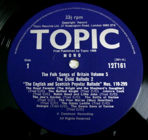 Image of Label Cover of 2314744C: LP - VARIOUS, The Folk Songs Of Britain Volume 5: The Child Ballads 2 (Topic Blue Label; 12T161, UK 1969 Reissue, Laminated Front Sleeve, Booklet, Mono. 33  Top Of Label) Track times written in booklet.  VG/VG+