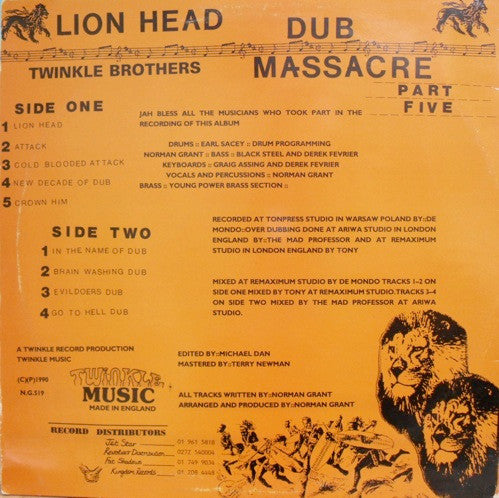 Image of Back Cover of 3324390E: LP - TWINKLE BROTHERS, Dub Massacre Part Five - Lion Head (Twinkle Music; NG 519, UK 1990)   VG+/VG+