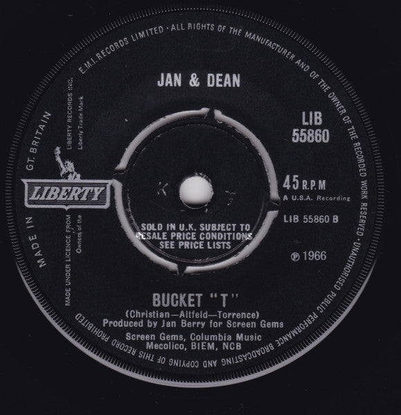 Image of Back Cover of 7" - VG/EX - JAN & DEAN, Batman / Bucket "T" (Liberty; LIB 55860, UK 1963, Company Sleeve), ,  - 3825452E
