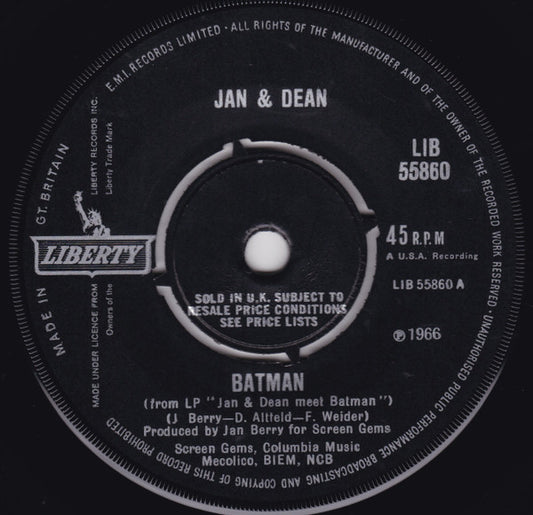 Image of Front Cover of 7" - VG/EX - JAN & DEAN, Batman / Bucket "T" (Liberty; LIB 55860, UK 1963, Company Sleeve), ,  - 3825452E