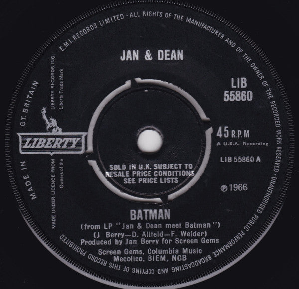 Image of Front Cover of 7" - VG/EX - JAN & DEAN, Batman / Bucket "T" (Liberty; LIB 55860, UK 1963, Company Sleeve), ,  - 3825452E