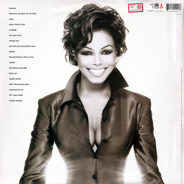 Image of Back Cover of 2xLP - VG/VG - JANET JACKSON, Design Of A Decade 1986 / 1996 (A&M Records; 540 400 - 1, Europe 1995, 2 Inners), Tiny chip in edge of LP1 - does not affect run-in groove, a few hairlines and light scuffs, top edge seam split, creased corner, corner bumps, still has hype sticker,  - 2746183S