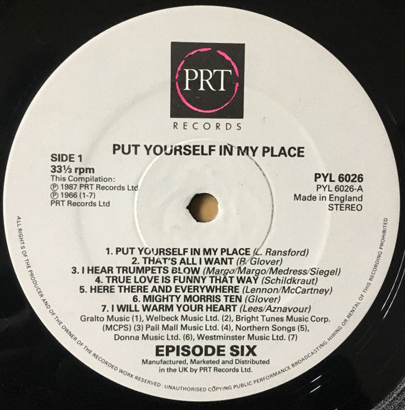 Image of Label Cover of LP - VG+/VG+ - EPISODE SIX, Put Yourself In My Place (PRT; PYL 6026, UK 1987), Very Strong VG+,  - 3026116E