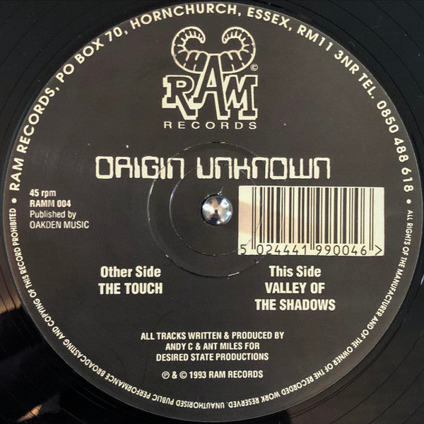Image of Front Cover of 12" - /G+ - ORIGIN UNKNOWN, The Touch / Valley Of The Shadows (RAM Records; RAMM 004, UK 1993, Plain Sleeve), Light marks only, but several of them. Minor warp, plays well.,  - 2726275E