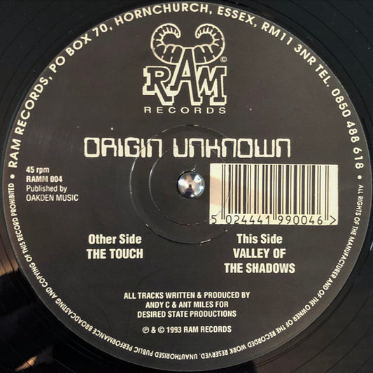 Image of Front Cover of 12" - /G+ - ORIGIN UNKNOWN, The Touch / Valley Of The Shadows (RAM Records; RAMM 004, UK 1993, Plain Sleeve), Light marks only, but several of them. Minor warp, plays well.,  - 2726275E