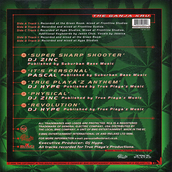 Image of Back Cover of 2x12" - G+/G+ - DJ HYPE PRESENTS THE GANJA KRU, Super Sharp Shooter E.P. (Parousia; 74321-42604-1, UK 1996, Picture Sleeve), Strong G+, light marks only.Heavy Edge Wear to sleeve. ,  - 3626235E