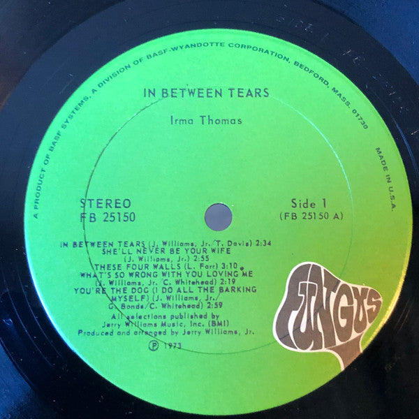 Image of Label Cover of LP - VG+/VG - IRMA THOMAS, In Between Tears (Fungus; FB25150, US 1973), Light marks. Strong VG. Some writing on back of sleeve.,  - 1526262E