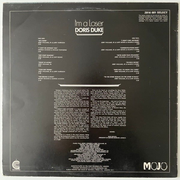 Image of Back Cover of LP - VG/G+ - DORIS DUKE, I'm a Loser (Mojo; 2916001, UK 1971), Edge Wear, Audible Crackle Throughout, Cracked Label On Side 1,  - 4146219S