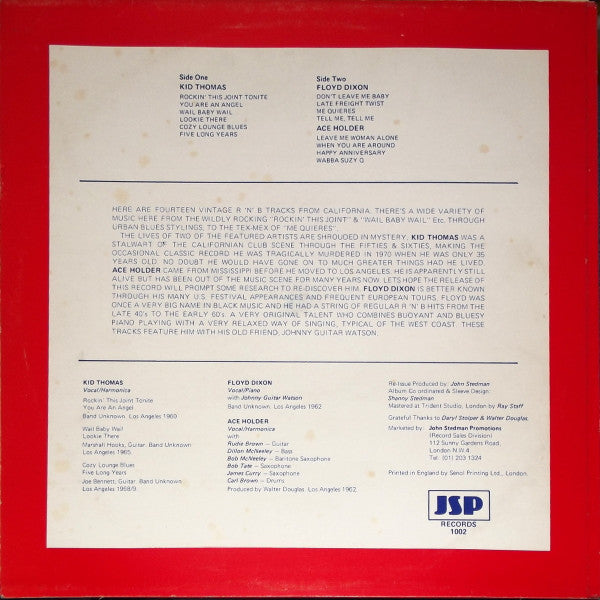Image of Back Cover of LP - G+/G+ - VARIOUS, Rockin' This Joint Tonite (JSP Records; 1002, UK 1980, Laminated Sleeve, Red Vinyl), Sleeve worn, creased, with split at top edge. Old sticker on front, wear and staining on rear,  - 1916463C