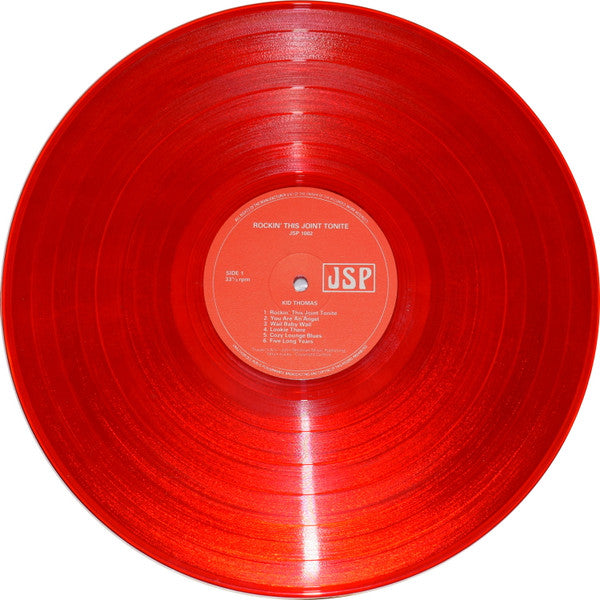 Image of Label Cover of LP - G+/G+ - VARIOUS, Rockin' This Joint Tonite (JSP Records; 1002, UK 1980, Laminated Sleeve, Red Vinyl), Sleeve worn, creased, with split at top edge. Old sticker on front, wear and staining on rear,  - 1916463C