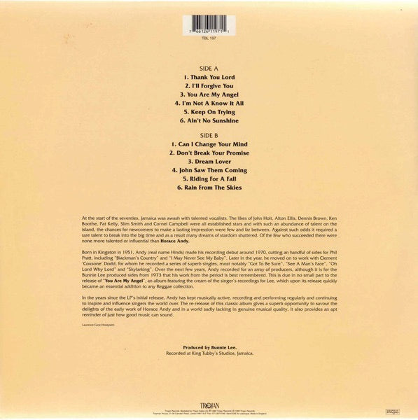 Image of Back Cover of LP - VG/VG - HORACE ANDY, You Are My Angel (Trojan Records; TBL 197, UK 1996 Reissue), Sleeve has small rip at top of opening on either side; small split at top edge,  - 3816532C