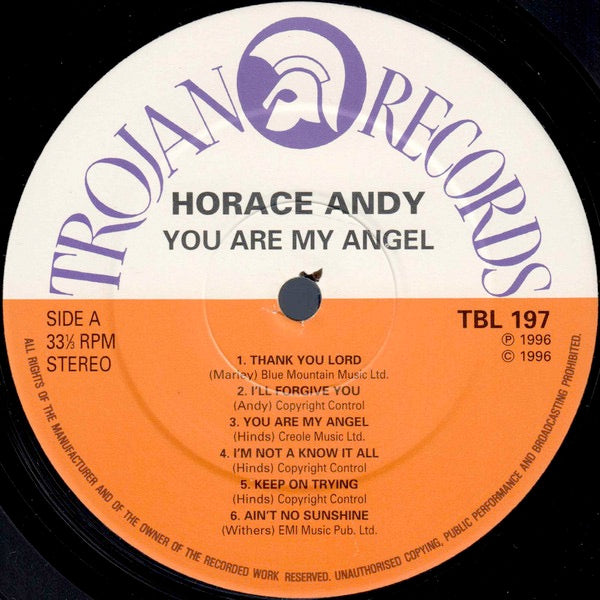 Image of Label Cover of LP - VG/VG - HORACE ANDY, You Are My Angel (Trojan Records; TBL 197, UK 1996 Reissue), Sleeve has small rip at top of opening on either side; small split at top edge,  - 3816532C