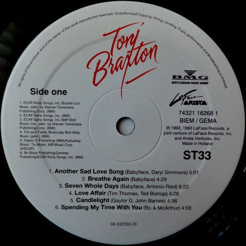 Image of Label Cover of LP - G+/G - TONI BRAXTON, Toni Braxton (LaFace/Arista; 74321 16268 1, Netherlands 1993), Lots of marks on each side, plays through better than it looks, some clicks and pops in places. Sleeve has wear and some damage at edges, corners, spine (pinched and worn). Small rips at opening,  - 2916391C