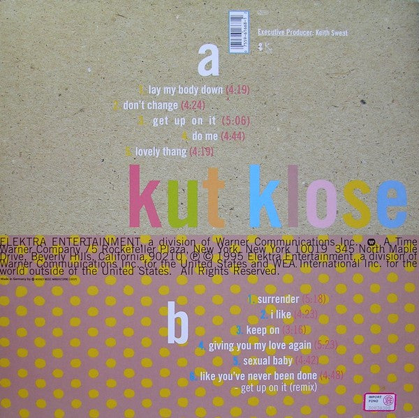 Image of Back Cover of LP - VG/G - KUT KLOSE, Surrender (Elektra; 7559-61668-1, Germany 1995, Inner), Lots of marks and scuffs on record, but plays through. Writing on rear sleeve and inner (split, small stains). Edge and spine wear / creasing,  - 2216429C