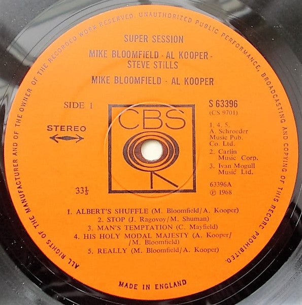 Image of Label Cover of LP - VG/VG - MIKE BLOOMFIELD, AL KOOPER, STEPHEN STILLS, Super Session (CBS; 63396, UK 1968, Laminated Front Sleeve), Light marks, edge wear, staining on back, laminate creases,  - 4346084S