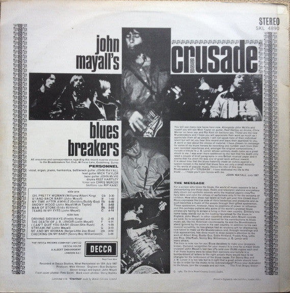 Image of Back Cover of LP - VG/VG - JOHN MAYALL'S BLUESBREAKERS, Crusade (Decca; SKL 4890, UK 1967, Stereo), Strong VG, Company Inner,  - 4025193E