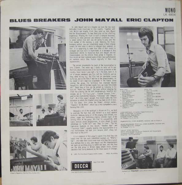 Image of Back Cover of LP - VG/G+ - JOHN MAYALL WITH ERIC CLAPTON, Blues Breakers (Decca Red Unboxed; LK4804, UK 1966, Non-Flipback Sleeve, Mono), Edge wear. Marks on disc.,  - 1946282S