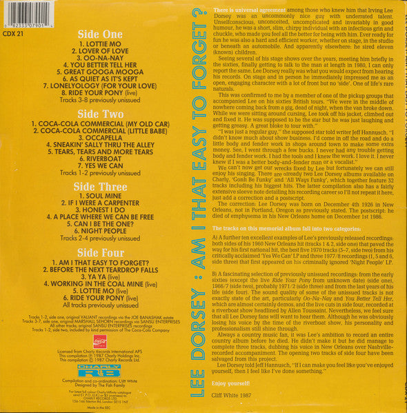 Image of Back Cover of 2xLP - VG/VG+ - LEE DORSEY, Am I That Easy To Forget? (Charly; CDX 21, UK 1987, Gatefold), Sleeve has sticker damage / ghost and writing on front. Wear and considerable creasing along spine,  - 1716588C