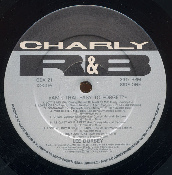Image of Label Cover of 2xLP - VG/VG+ - LEE DORSEY, Am I That Easy To Forget? (Charly; CDX 21, UK 1987, Gatefold), Sleeve has sticker damage / ghost and writing on front. Wear and considerable creasing along spine,  - 1716588C