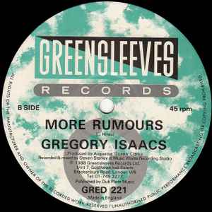 Image of Label Cover of 4644156S: 12" - GREGORY ISAACS, Rumours / More Rumours (Greensleeves Records; GRED 221, UK 1988, Company Sleeve)   VG/VG+