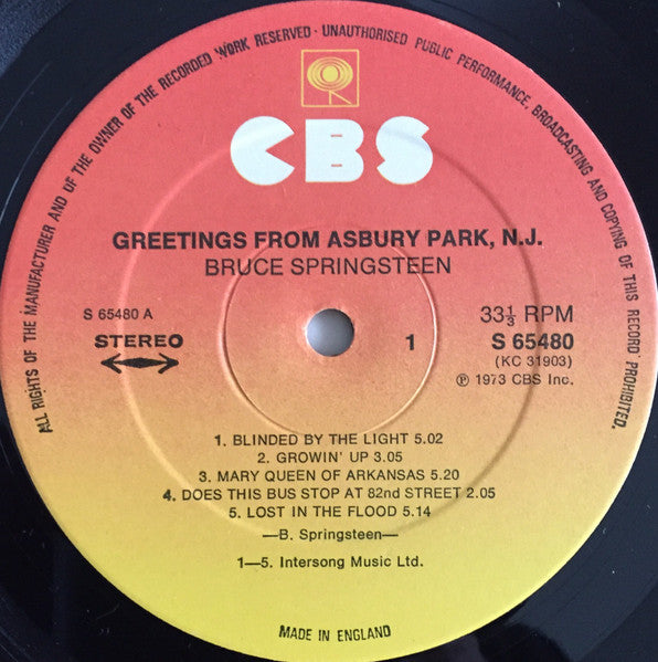 Image of Label Cover of LP - VG/VG - BRUCE SPRINGSTEEN, Greetings From Asbury Park (CBS Orange/Yellow; 65480, UK 1970s Reissue, Postcard Cover), Light marks, edge & ring wear,  - 3546012S
