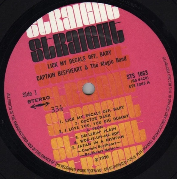 Image of Label Cover of LP - VG/EX - CAPTAIN BEEFHEART, Lick My Decals Off Baby (Straight; STS 1063, UK 1970, 1st Press), Lovely Vinyl, Slight Ring Wear, Small Patch Of Damage To Finish At Bottom Of Front Sleeve,  - 2826212E