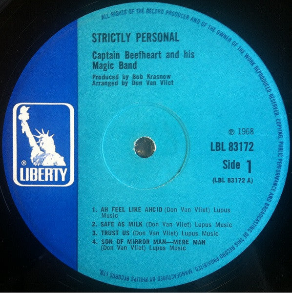 Image of Label Cover of LP - VG+/G+ - CAPTAIN BEEFHEART AND HIS MAGIC BAND, Strictly Personal (Liberty; LBL83172, UK 1968, Gatefold, Mono), Side 2 Heavily Fogged - Plays With Hiss,  - 2826053E