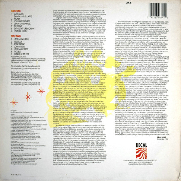 Image of Back Cover of 0925536E: LP - THE KINGSMEN, Louie Louie / Greatest Hits (Decal; LIK 6, UK 1986)   VG+/VG+