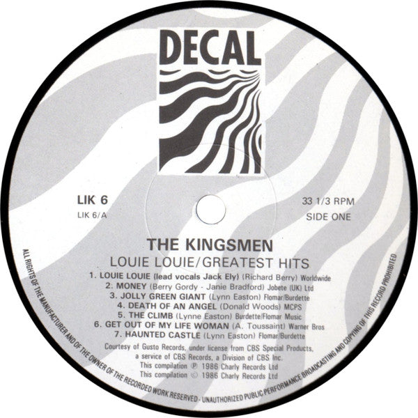 Image of Label Cover of 0925536E: LP - THE KINGSMEN, Louie Louie / Greatest Hits (Decal; LIK 6, UK 1986)   VG+/VG+