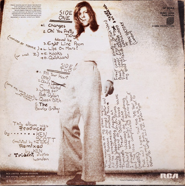 Image of Back Cover of LP - G+/G+ - DAVID BOWIE, Hunky Dory (RCA Victor Orange with Stereo Text; SF8244, UK 1971, Non-Laminated Sleeve, Insert, Dynaflex.), Mostly light marks, a little surface noies. Wear to sleeve and pen marks on front. ,  - 3626515E