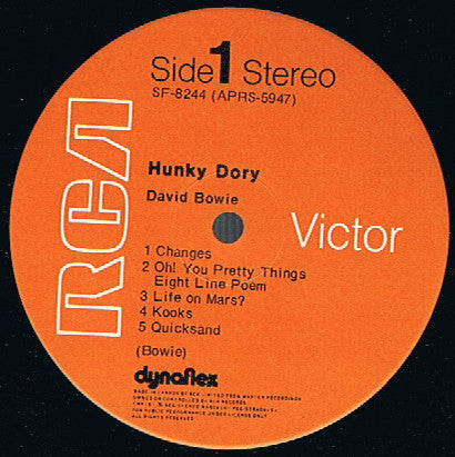Image of Label Cover of LP - G+/G+ - DAVID BOWIE, Hunky Dory (RCA Victor Orange with Stereo Text; SF8244, UK 1971, Non-Laminated Sleeve, Insert, Dynaflex.), Mostly light marks, a little surface noies. Wear to sleeve and pen marks on front. ,  - 3626515E