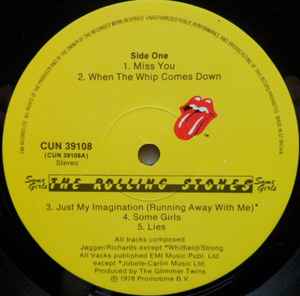 Image of Label Cover of LP - VG/VG - THE ROLLING STONES, Some Girls (Rolling Stones; CUN39108, UK 1978, Die Cut Sleeve (Strong Colours), Colour Inner With Lipstick(Withdrawn), 1st version, Strong Colours (GYBP), Faces with Bright Lipstick Inner), Hairlines, groove wear and light scuffs. Large seam split to inner. Edge wear, tear to bottom right corner, ring wear.,  - 4146165S