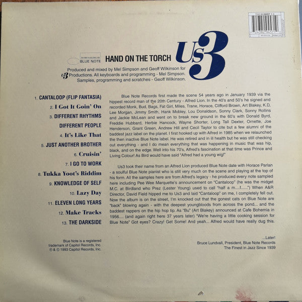 Image of Back Cover of 3624422E: 2xLP - US3, Hand On The Torch (Blue Note  ; 7243 8 29457 1 0, UK 1994, 2 Inners, Includes 8 track "The Jazz Mixes" disc.) Strong G+ (Disc 1 Good, Disc 2 VG)  VG+/G+