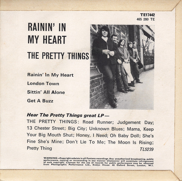 Image of Back Cover of 4725150E: 7" EP - THE PRETTY THINGS, Rainin' In My Heart (Fontana; TE17442, UK 1965, Laminated Flipback Sleeve, Mono) Nice Copy, Strong VG+ Throughout  VG+/VG+
