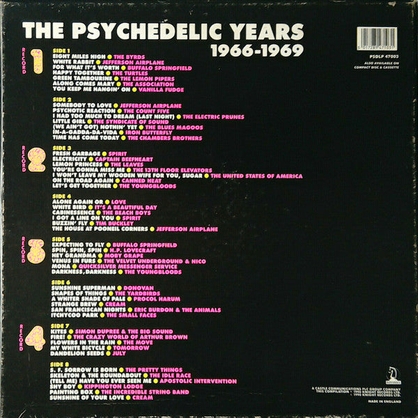 Image of Back Cover of 0616074C: 4xLP - VARIOUS, Psychedelic Years (Knight Records; PSDLP 47003, UK 1990, Box Set, Insert) Strong VG  VG/VG