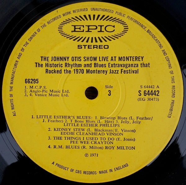 Image of Label Cover of 2xLP - VG+/VG+ - THE JOHNNY OTIS SHOW, Live at Monterey! (Epic; 66295, UK 1970, Inside Loading Gatefold Sleeve), Strong VG+, Ring Wear,  - 3326095E