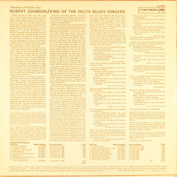 Image of Back Cover of LP - VG/VG - ROBERT JOHNSON, King Of The Delta Blues Singers (Columbia Red Label/Orange Text; CL 1654, US 1980s Reissue, Mono), Sleeve has bent corner and light wear at opening. Shrink-wrap with Nice Price sticker on plastic,  - 3716230C