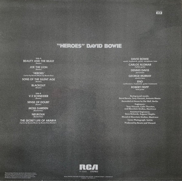 Image of Back Cover of LP - VG+/VG+ - DAVID BOWIE, Heroes (RCA Orange Large Pressing Ring; PL12522, UK 1977, Non-Laminated Sleeve, Insert, HEROES On Label), ,  - 4446198S