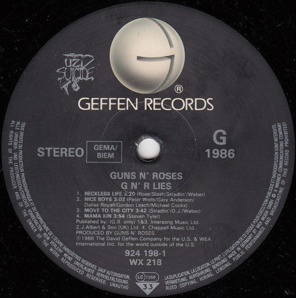 Image of Label Cover of LP - VG/VG - GUNS N'ROSES, Lies (Geffen; WX218, UK 1988, Stickered Sleeve, Inner, 2nd Sleeve), Record has light hairlines and scuffs. Sleeve has creases. ,  - 3826233E