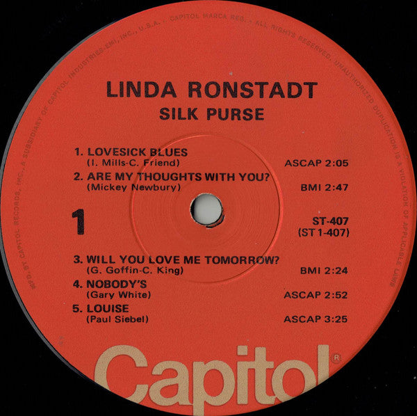Image of Label Cover of LP - VG+/VG+ - LINDA RONSTADT, Silk Purse (Capitol Orange; ST-407, US 1970s Reissue), ,  - 3126064E