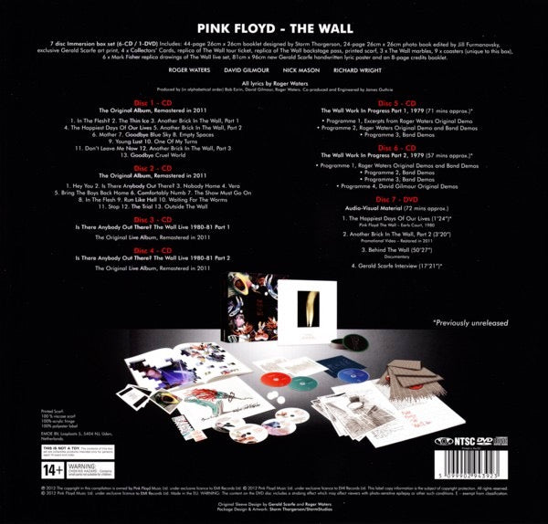 Image of Back Cover of 4334120E: 7xCD - PINK FLOYD, The Wall - Immersion Box Set (EMI; 5099902943923, Europe 2012 Reissue, Box Set, 3 Booklets, Poster & 10 art cards, Replica ticket stub 7 backstage pass, Scarf, 3 marbles & 9 coasters) Complete  VG+/VG+